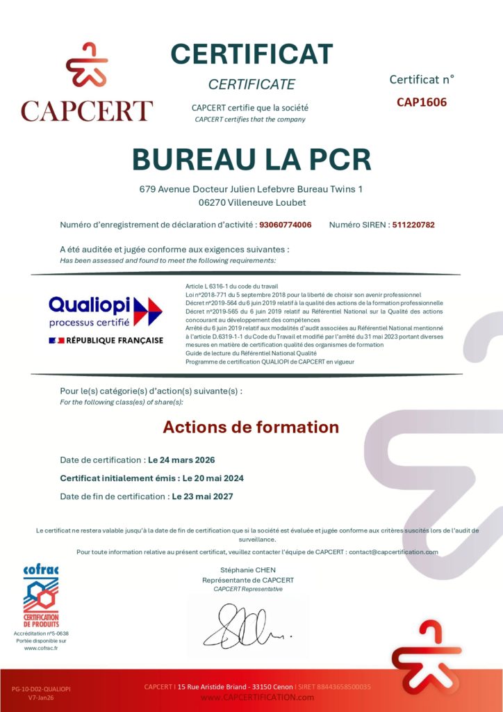 Certificat Qualiopi Bureau de la PCR